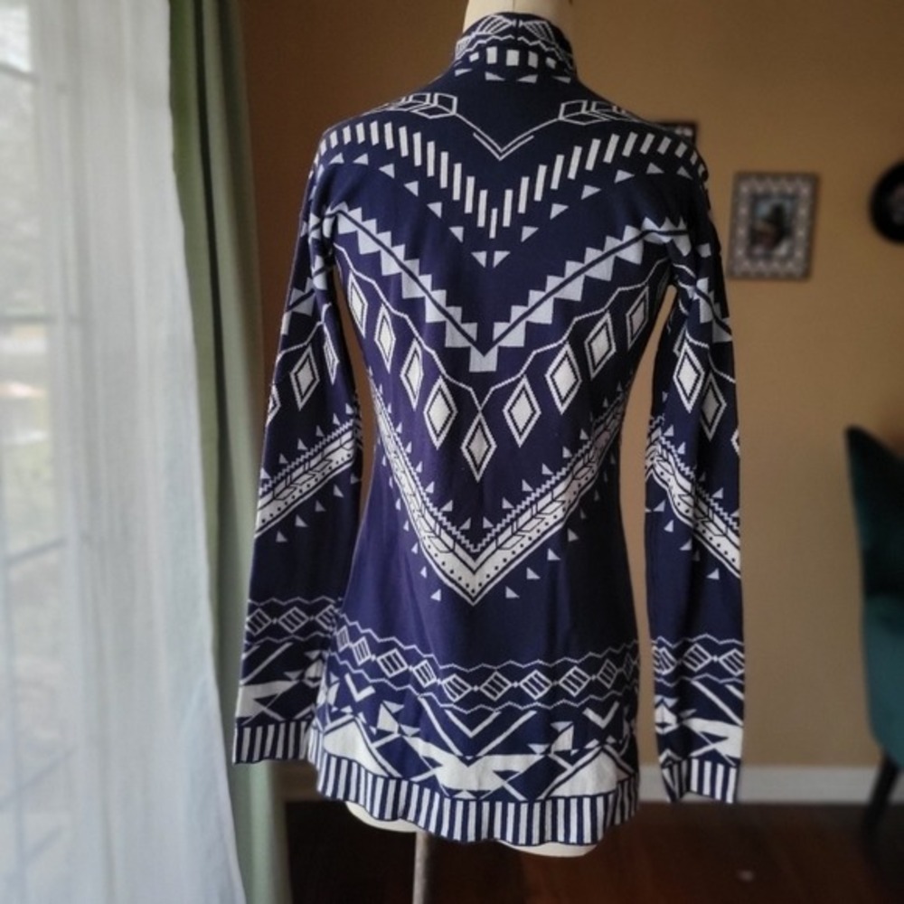 Cotton Blend Nordic Geometric Open Front Cardigan Navy Cream Scandi Girl XS